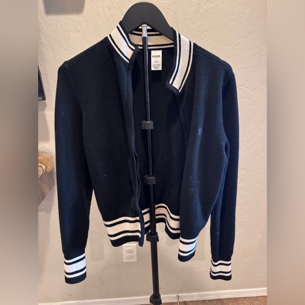 PINK Victoria's Secret Varsity Black Knit Zip-Up Jacket with White Striped Trim